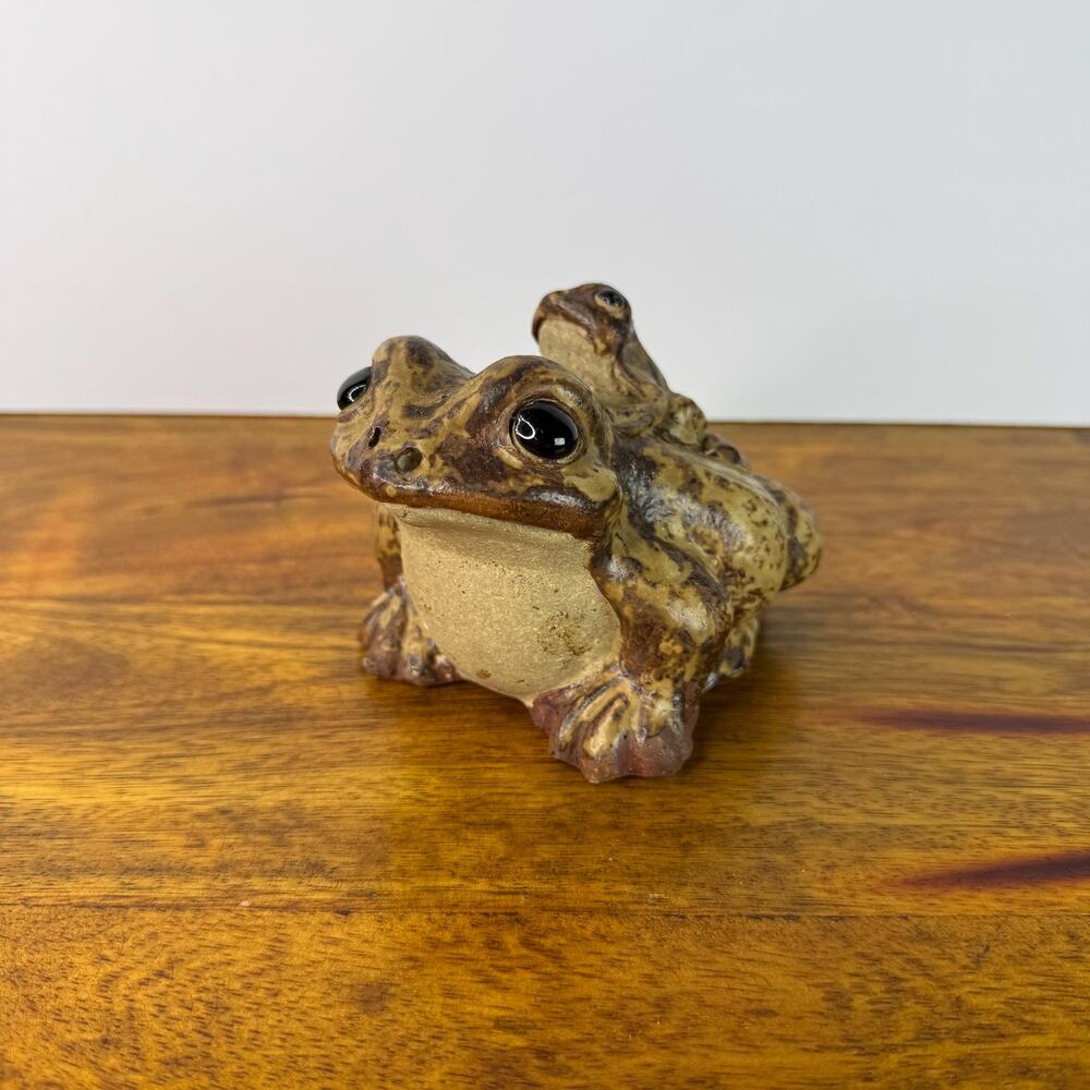 Vintage Japanese Made Shigaraki Ware Frog Figurine Carrying Juvenile Frog